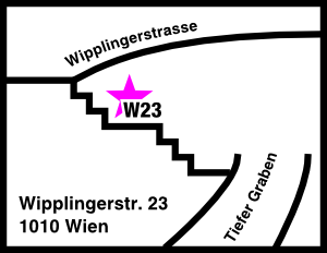 Skizze, die w23 auf einer Treppe zwischen Wipplingerstrasse 23 und Tiefer Graben im 1. Bezirk von Wien zeigt.